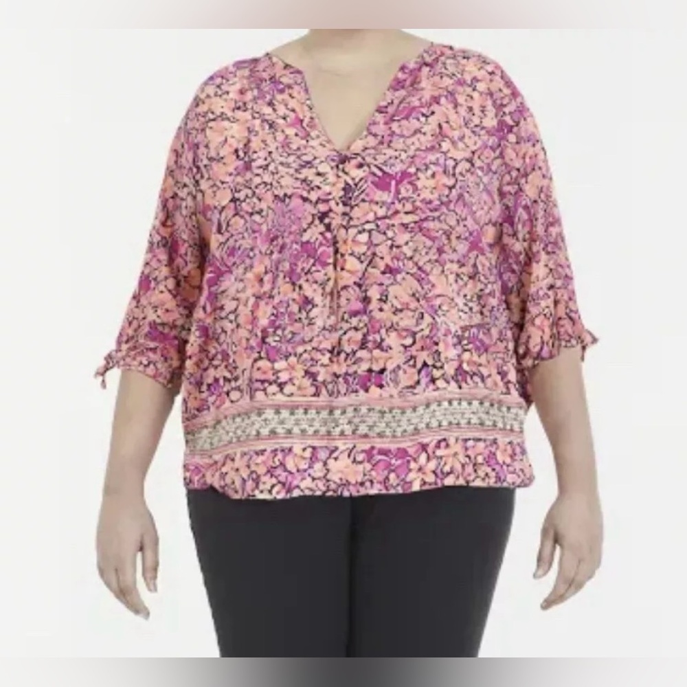 EUC Jones New York Pink/Peach Flowers Tunic Popover Top SZ 2X Tie on Sleeves
